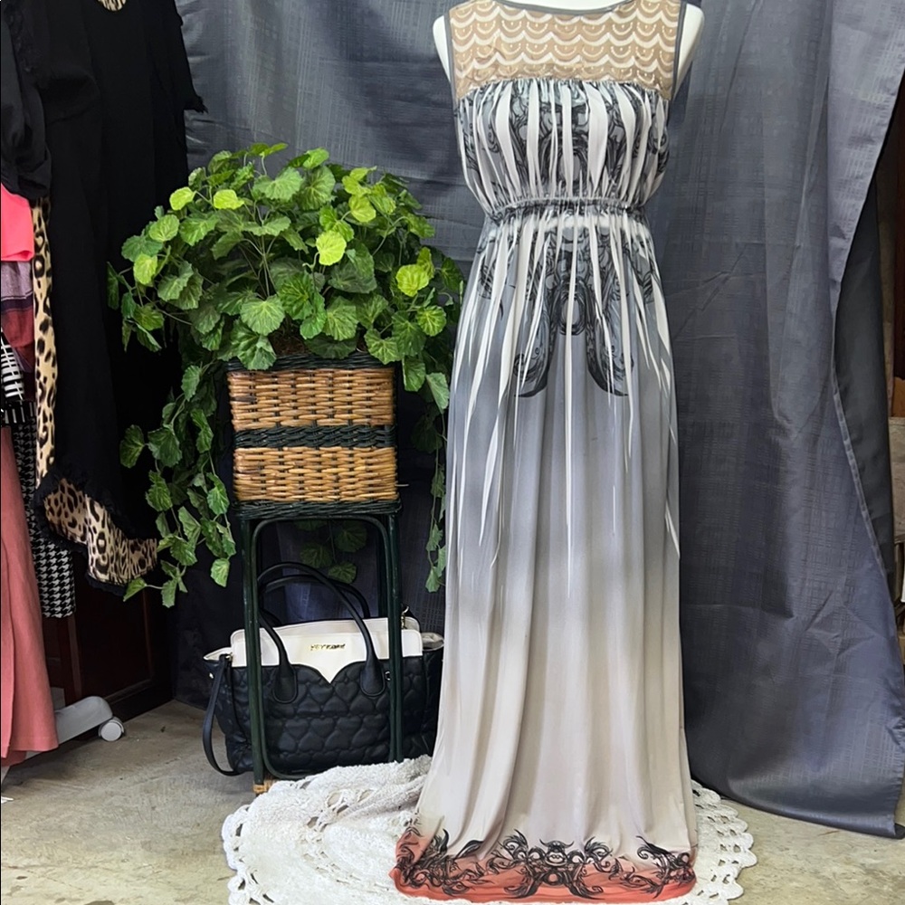 Gray and Silver Embellished Tiered Maxi Gown